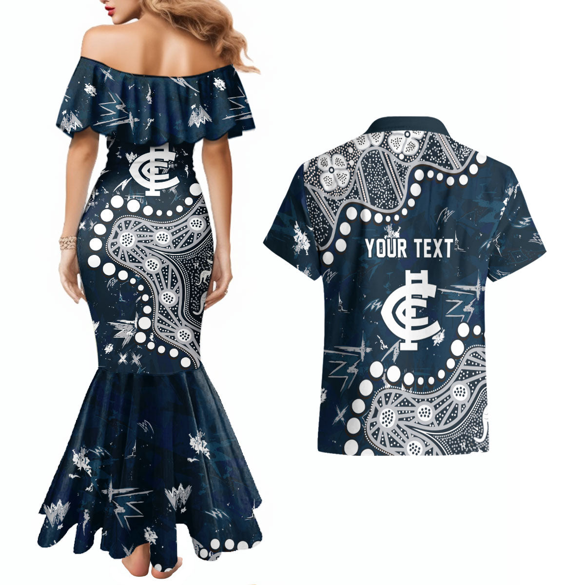 Personalized Carlton Blues Couples Matching Mermaid Dress and Hawaiian Shirt Aboriginal Pattern with Graffiti Style