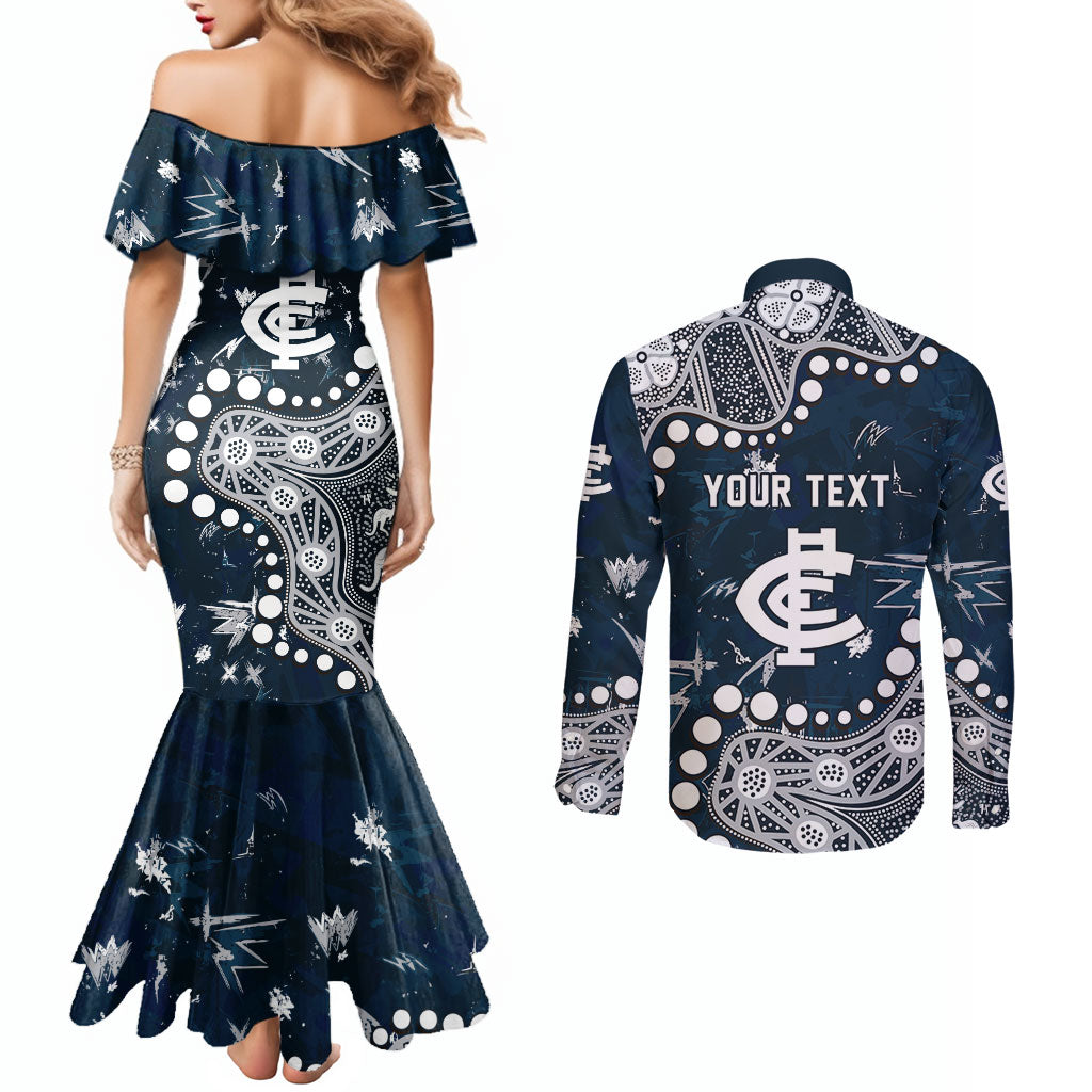 Personalized Carlton Blues Couples Matching Mermaid Dress and Long Sleeve Button Shirt Aboriginal Pattern with Graffiti Style
