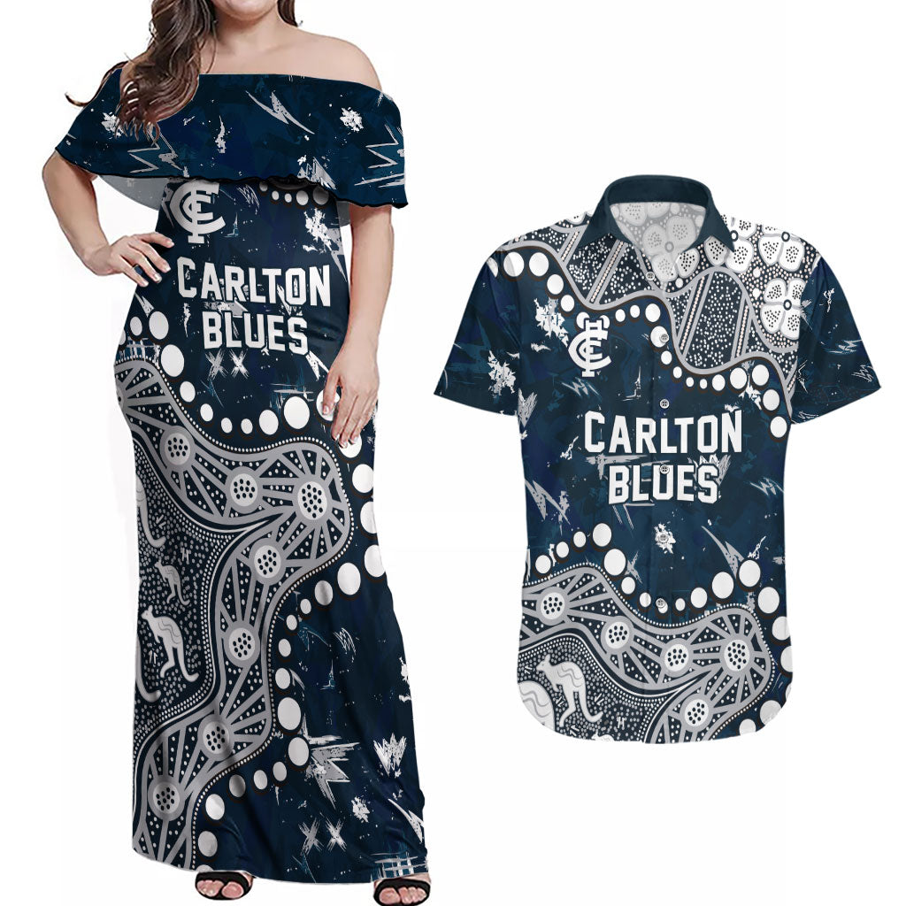 Personalized Carlton Blues Couples Matching Off Shoulder Maxi Dress and Hawaiian Shirt Aboriginal Pattern with Graffiti Style