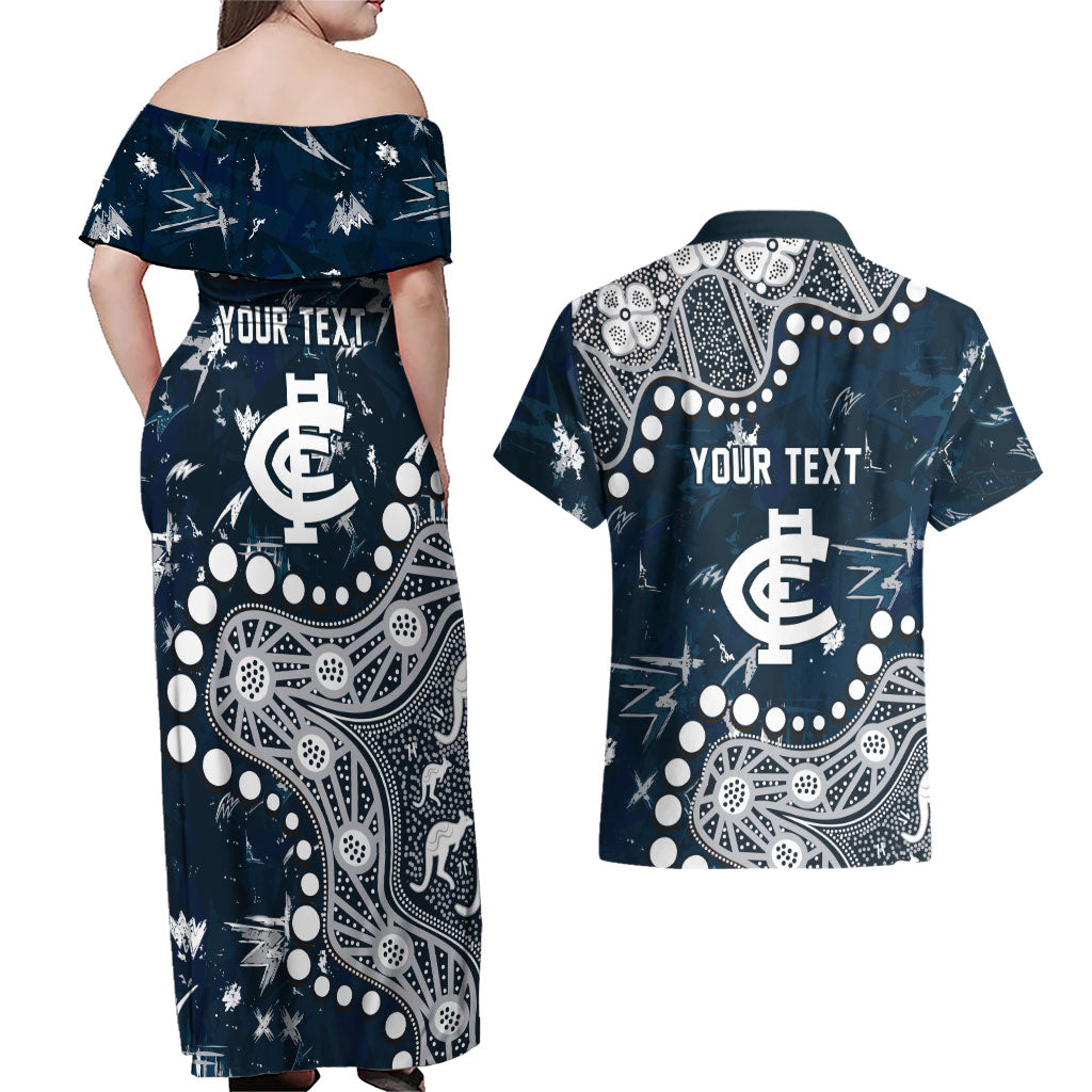 Personalized Carlton Blues Couples Matching Off Shoulder Maxi Dress and Hawaiian Shirt Aboriginal Pattern with Graffiti Style