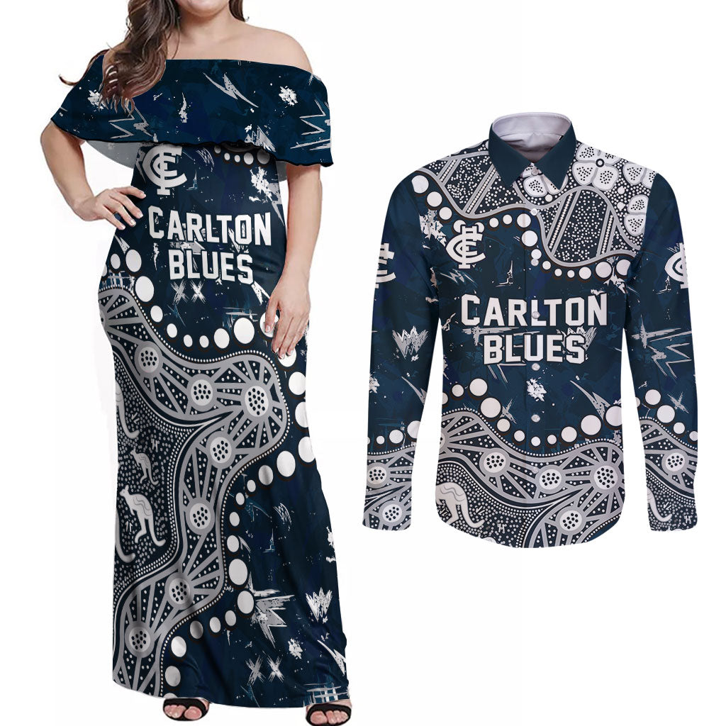 Personalized Carlton Blues Couples Matching Off Shoulder Maxi Dress and Long Sleeve Button Shirt Aboriginal Pattern with Graffiti Style