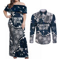 Personalized Carlton Blues Couples Matching Off Shoulder Maxi Dress and Long Sleeve Button Shirt Aboriginal Pattern with Graffiti Style