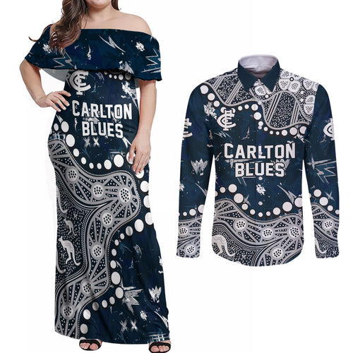 Personalized Carlton Blues Couples Matching Off Shoulder Maxi Dress and Long Sleeve Button Shirt Aboriginal Pattern with Graffiti Style