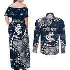 Personalized Carlton Blues Couples Matching Off Shoulder Maxi Dress and Long Sleeve Button Shirt Aboriginal Pattern with Graffiti Style