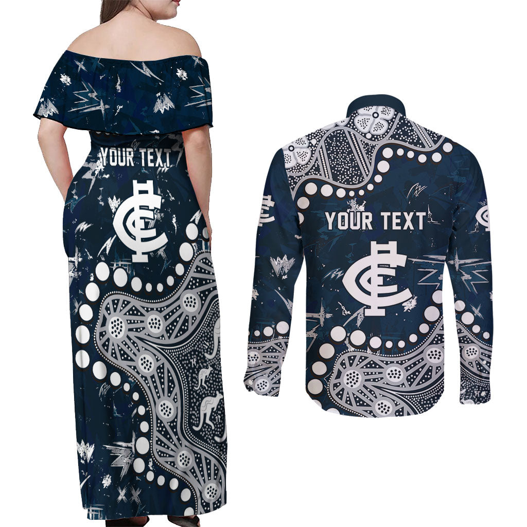 Personalized Carlton Blues Couples Matching Off Shoulder Maxi Dress and Long Sleeve Button Shirt Aboriginal Pattern with Graffiti Style