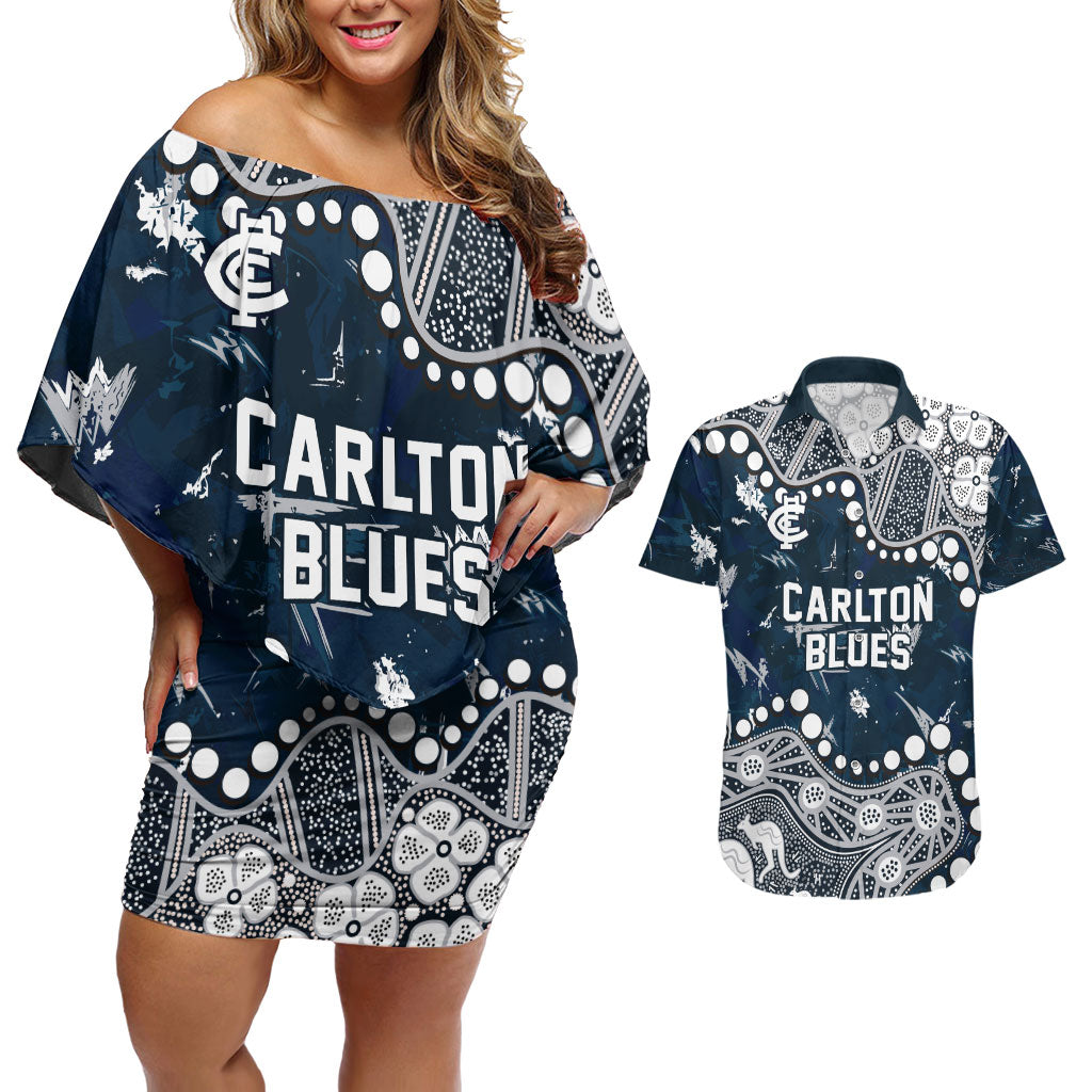 Personalized Carlton Blues Couples Matching Off Shoulder Short Dress and Hawaiian Shirt Aboriginal Pattern with Graffiti Style