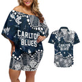 Personalized Carlton Blues Couples Matching Off Shoulder Short Dress and Hawaiian Shirt Aboriginal Pattern with Graffiti Style