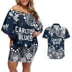 Personalized Carlton Blues Couples Matching Off Shoulder Short Dress and Hawaiian Shirt Aboriginal Pattern with Graffiti Style