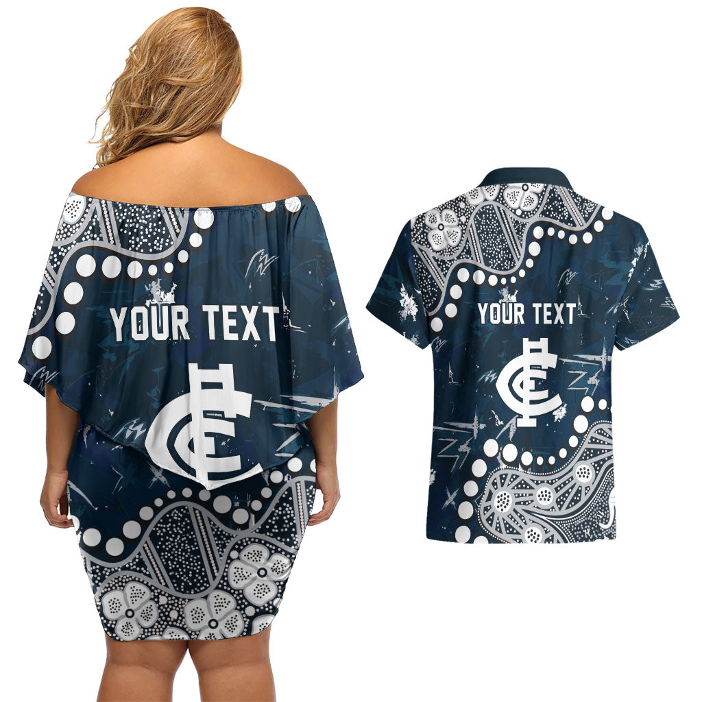 Personalized Carlton Blues Couples Matching Off Shoulder Short Dress and Hawaiian Shirt Aboriginal Pattern with Graffiti Style