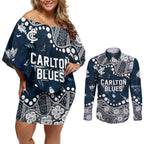 Personalized Carlton Blues Couples Matching Off Shoulder Short Dress and Long Sleeve Button Shirt Aboriginal Pattern with Graffiti Style