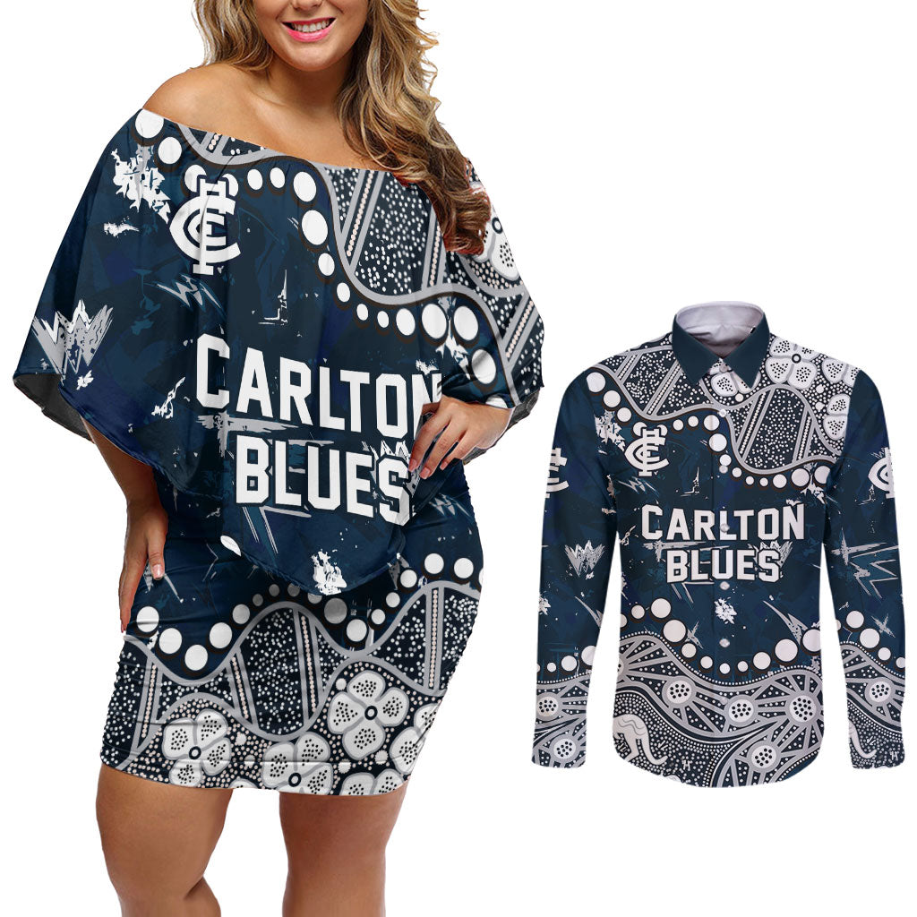 Personalized Carlton Blues Couples Matching Off Shoulder Short Dress and Long Sleeve Button Shirt Aboriginal Pattern with Graffiti Style