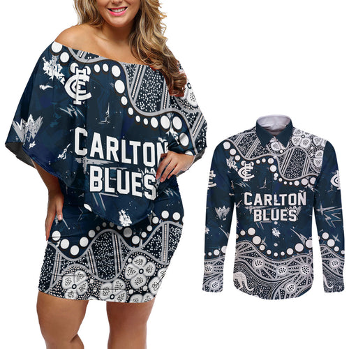 Personalized Carlton Blues Couples Matching Off Shoulder Short Dress and Long Sleeve Button Shirt Aboriginal Pattern with Graffiti Style