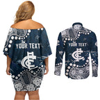 Personalized Carlton Blues Couples Matching Off Shoulder Short Dress and Long Sleeve Button Shirt Aboriginal Pattern with Graffiti Style