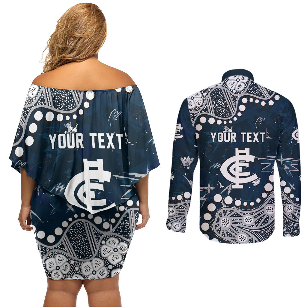 Personalized Carlton Blues Couples Matching Off Shoulder Short Dress and Long Sleeve Button Shirt Aboriginal Pattern with Graffiti Style