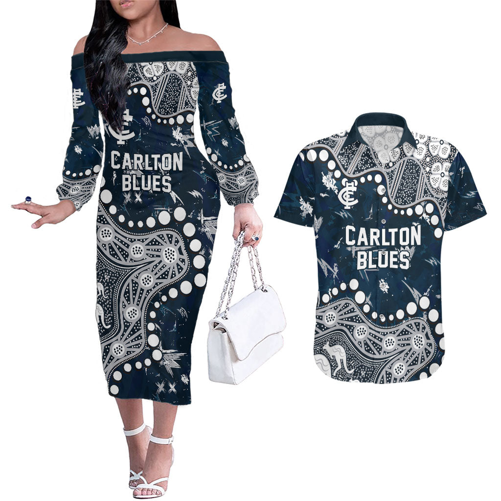 Personalized Carlton Blues Couples Matching Off The Shoulder Long Sleeve Dress and Hawaiian Shirt Aboriginal Pattern with Graffiti Style