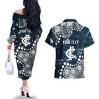 Personalized Carlton Blues Couples Matching Off The Shoulder Long Sleeve Dress and Hawaiian Shirt Aboriginal Pattern with Graffiti Style