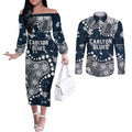 Personalized Carlton Blues Couples Matching Off The Shoulder Long Sleeve Dress and Long Sleeve Button Shirt Aboriginal Pattern with Graffiti Style