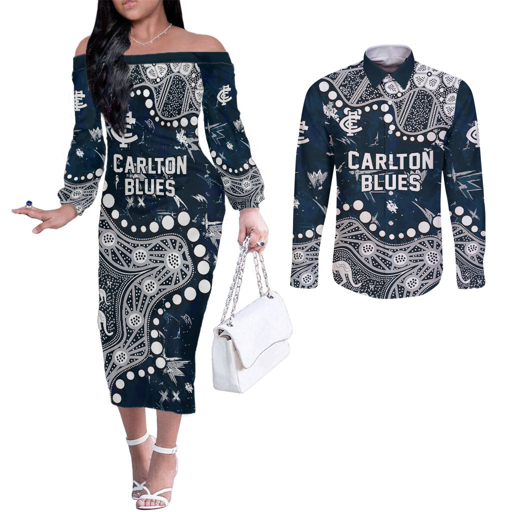 Personalized Carlton Blues Couples Matching Off The Shoulder Long Sleeve Dress and Long Sleeve Button Shirt Aboriginal Pattern with Graffiti Style