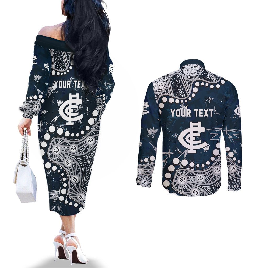 Personalized Carlton Blues Couples Matching Off The Shoulder Long Sleeve Dress and Long Sleeve Button Shirt Aboriginal Pattern with Graffiti Style
