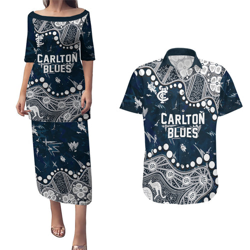 Personalized Carlton Blues Couples Matching Puletasi and Hawaiian Shirt Aboriginal Pattern with Graffiti Style
