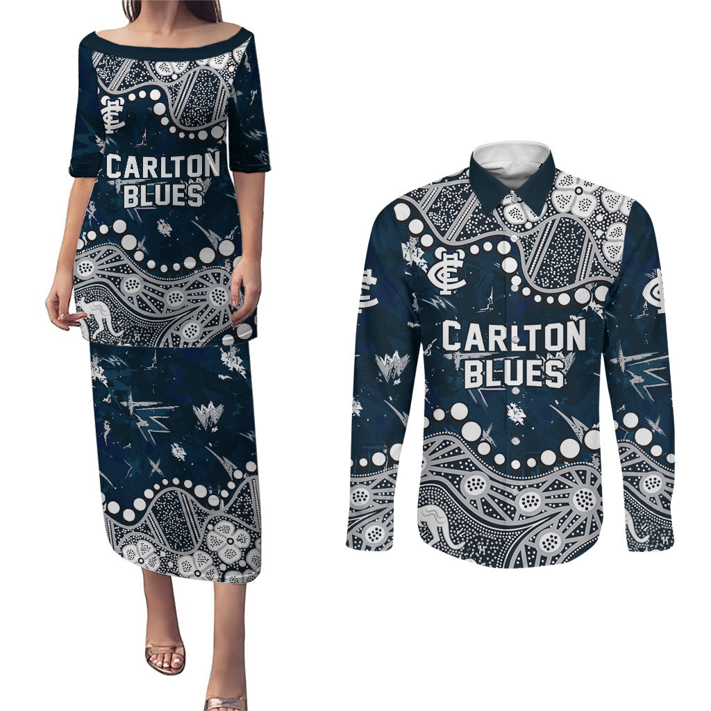 Personalized Carlton Blues Couples Matching Puletasi and Long Sleeve Button Shirt Aboriginal Pattern with Graffiti Style