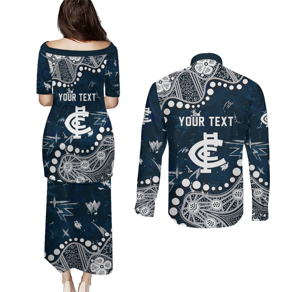 Personalized Carlton Blues Couples Matching Puletasi and Long Sleeve Button Shirt Aboriginal Pattern with Graffiti Style