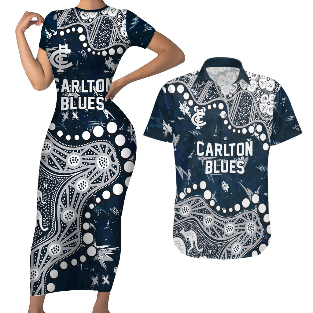 Personalized Carlton Blues Couples Matching Short Sleeve Bodycon Dress and Hawaiian Shirt Aboriginal Pattern with Graffiti Style