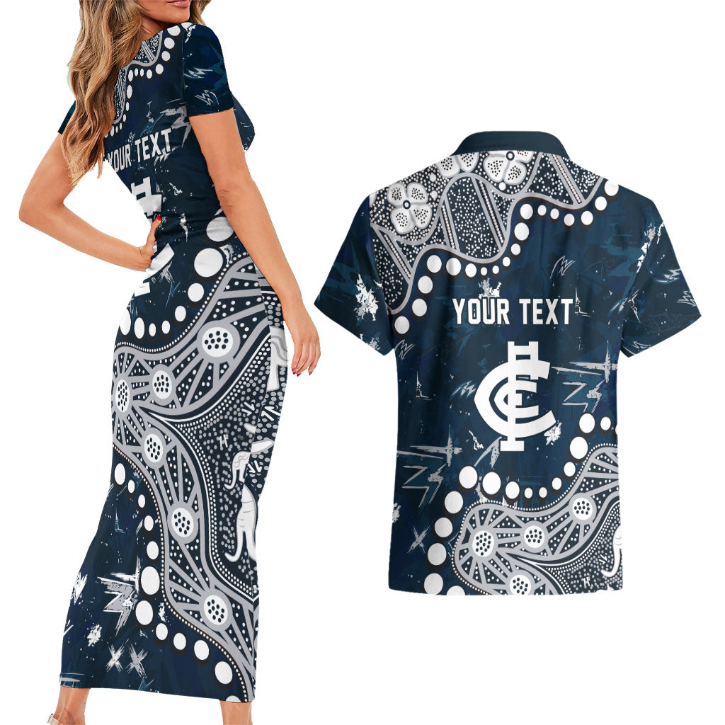 Personalized Carlton Blues Couples Matching Short Sleeve Bodycon Dress and Hawaiian Shirt Aboriginal Pattern with Graffiti Style