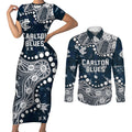 Personalized Carlton Blues Couples Matching Short Sleeve Bodycon Dress and Long Sleeve Button Shirt Aboriginal Pattern with Graffiti Style