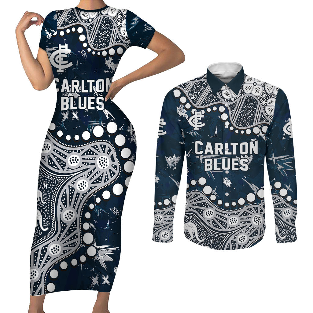 Personalized Carlton Blues Couples Matching Short Sleeve Bodycon Dress and Long Sleeve Button Shirt Aboriginal Pattern with Graffiti Style