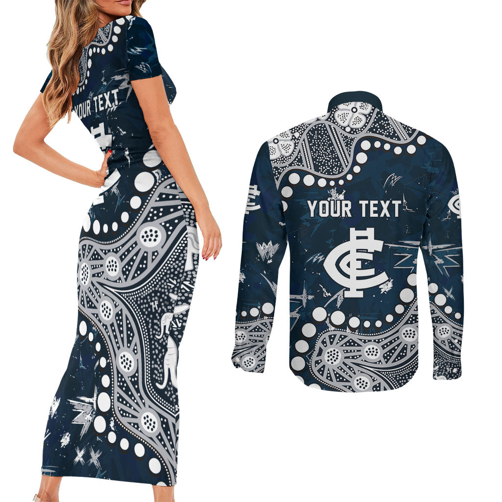 Personalized Carlton Blues Couples Matching Short Sleeve Bodycon Dress and Long Sleeve Button Shirt Aboriginal Pattern with Graffiti Style