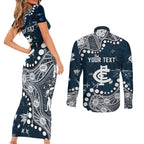 Personalized Carlton Blues Couples Matching Short Sleeve Bodycon Dress and Long Sleeve Button Shirt Aboriginal Pattern with Graffiti Style