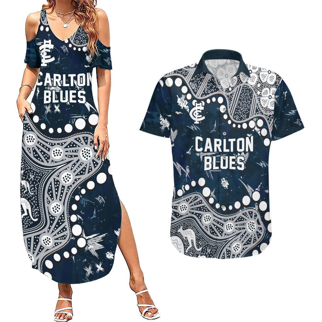 Personalized Carlton Blues Couples Matching Summer Maxi Dress and Hawaiian Shirt Aboriginal Pattern with Graffiti Style