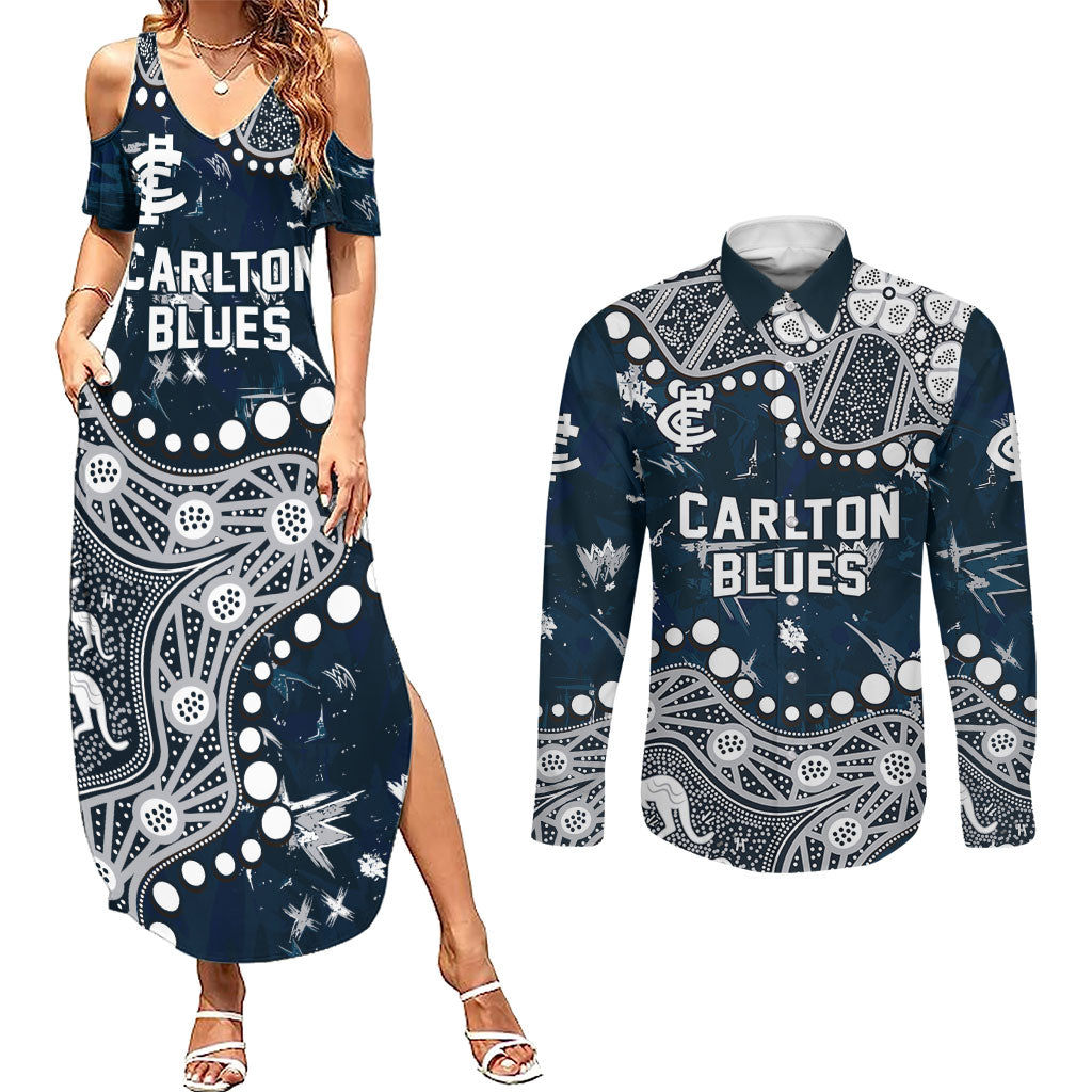 Personalized Carlton Blues Couples Matching Summer Maxi Dress and Long Sleeve Button Shirt Aboriginal Pattern with Graffiti Style