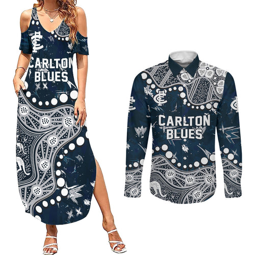 Personalized Carlton Blues Couples Matching Summer Maxi Dress and Long Sleeve Button Shirt Aboriginal Pattern with Graffiti Style