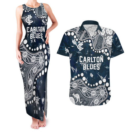 Personalized Carlton Blues Couples Matching Tank Maxi Dress and Hawaiian Shirt Aboriginal Pattern with Graffiti Style