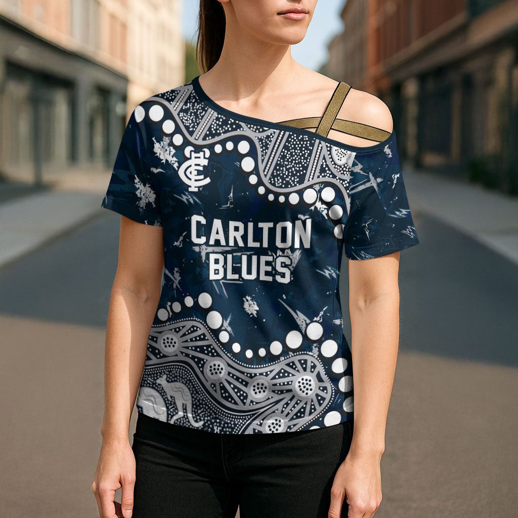 Personalized Carlton Blues Cross Shoulder Shirt Aboriginal Pattern with Graffiti Style