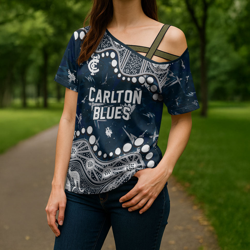 Personalized Carlton Blues Cross Shoulder Shirt Aboriginal Pattern with Graffiti Style