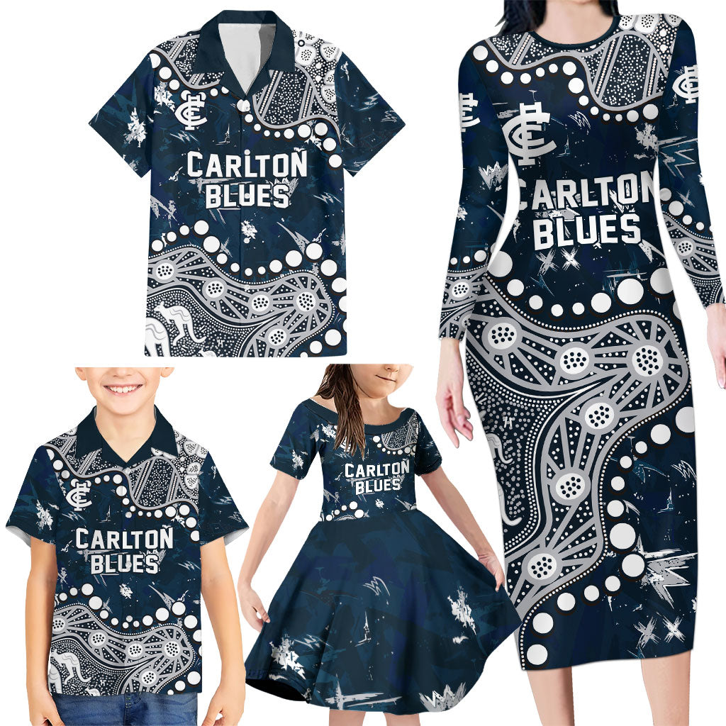 Personalized Carlton Blues Family Matching Long Sleeve Bodycon Dress and Hawaiian Shirt Aboriginal Pattern with Graffiti Style