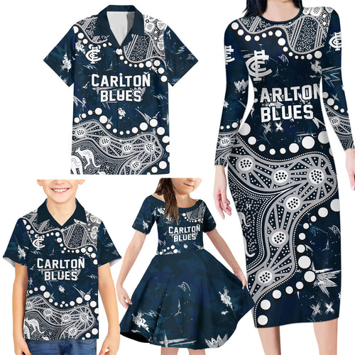 Personalized Carlton Blues Family Matching Long Sleeve Bodycon Dress and Hawaiian Shirt Aboriginal Pattern with Graffiti Style