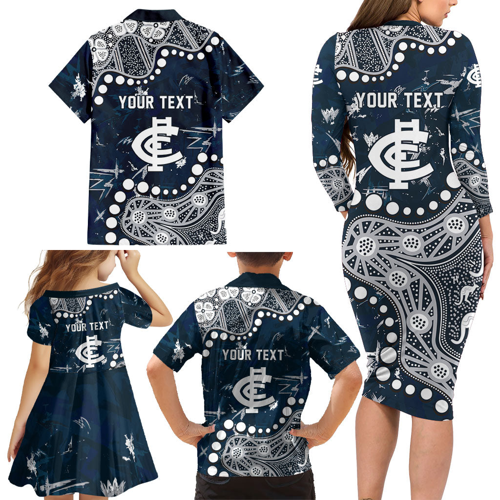 Personalized Carlton Blues Family Matching Long Sleeve Bodycon Dress and Hawaiian Shirt Aboriginal Pattern with Graffiti Style