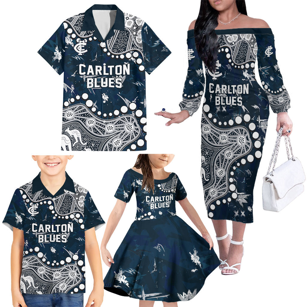 Personalized Carlton Blues Family Matching Off The Shoulder Long Sleeve Dress and Hawaiian Shirt Aboriginal Pattern with Graffiti Style