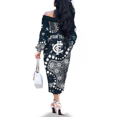 Personalized Carlton Blues Family Matching Off The Shoulder Long Sleeve Dress and Hawaiian Shirt Aboriginal Pattern with Graffiti Style
