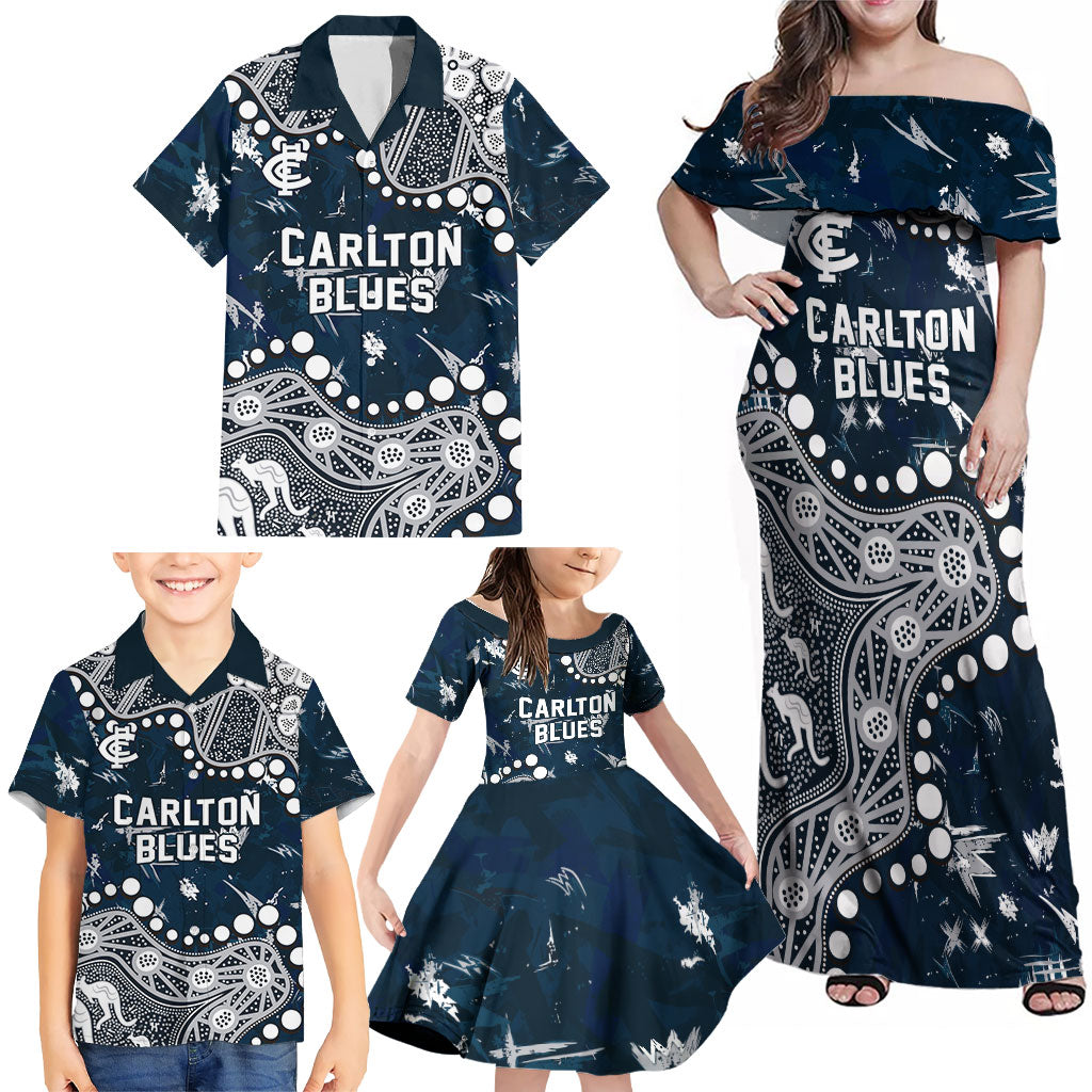 Personalized Carlton Blues Family Matching Off Shoulder Maxi Dress and Hawaiian Shirt Aboriginal Pattern with Graffiti Style