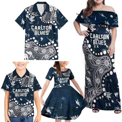 Personalized Carlton Blues Family Matching Off Shoulder Maxi Dress and Hawaiian Shirt Aboriginal Pattern with Graffiti Style