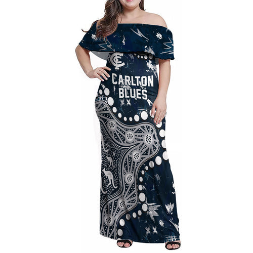 Personalized Carlton Blues Family Matching Off Shoulder Maxi Dress and Hawaiian Shirt Aboriginal Pattern with Graffiti Style