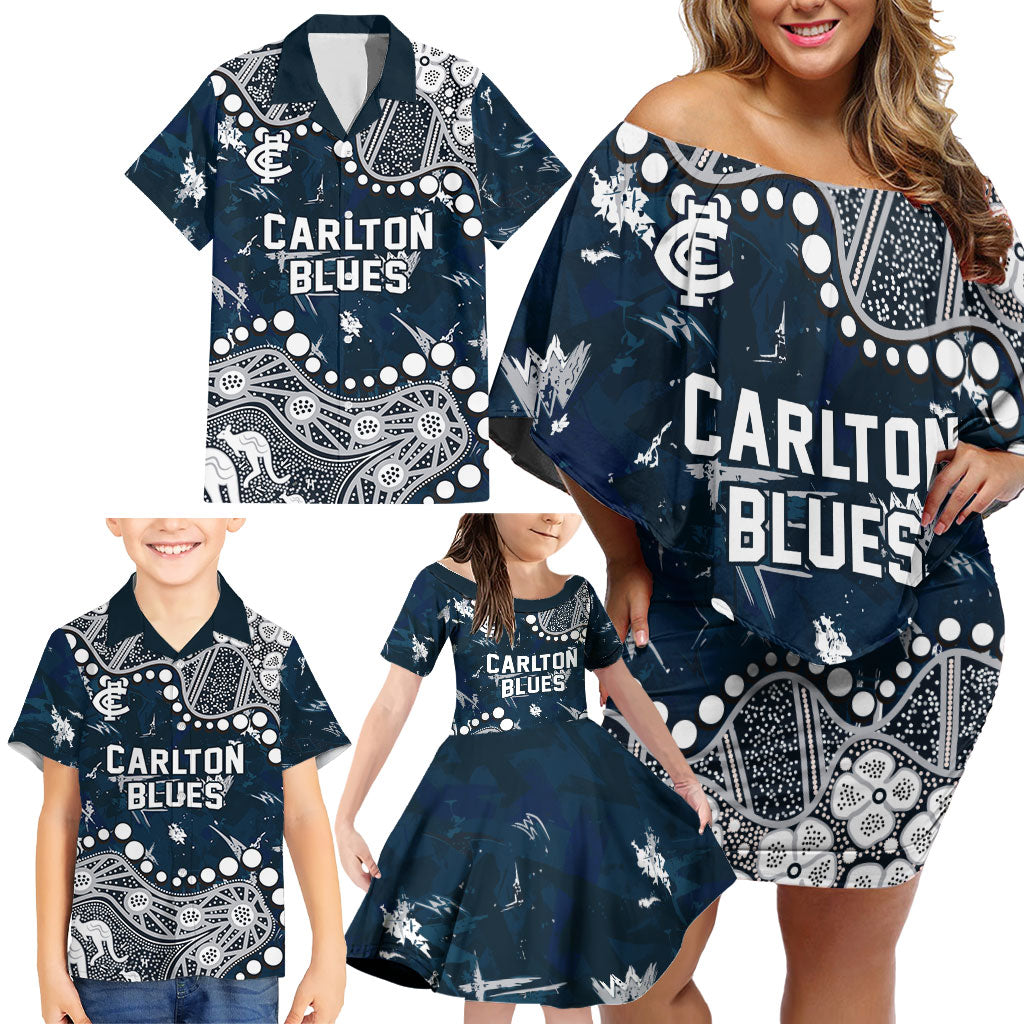 Personalized Carlton Blues Family Matching Off Shoulder Short Dress and Hawaiian Shirt Aboriginal Pattern with Graffiti Style