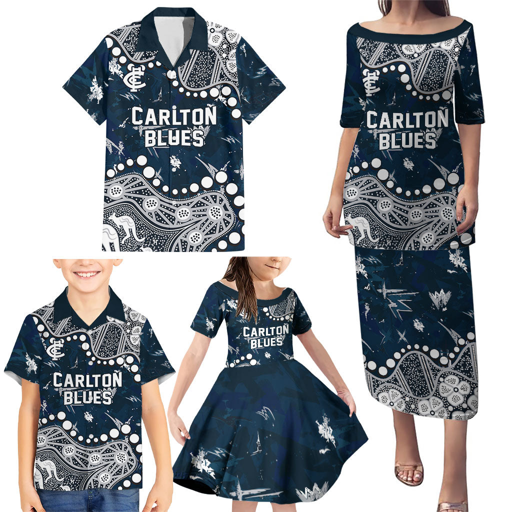 Personalized Carlton Blues Family Matching Puletasi and Hawaiian Shirt Aboriginal Pattern with Graffiti Style