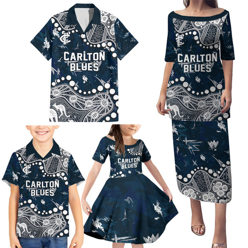 Personalized Carlton Blues Family Matching Puletasi and Hawaiian Shirt Aboriginal Pattern with Graffiti Style