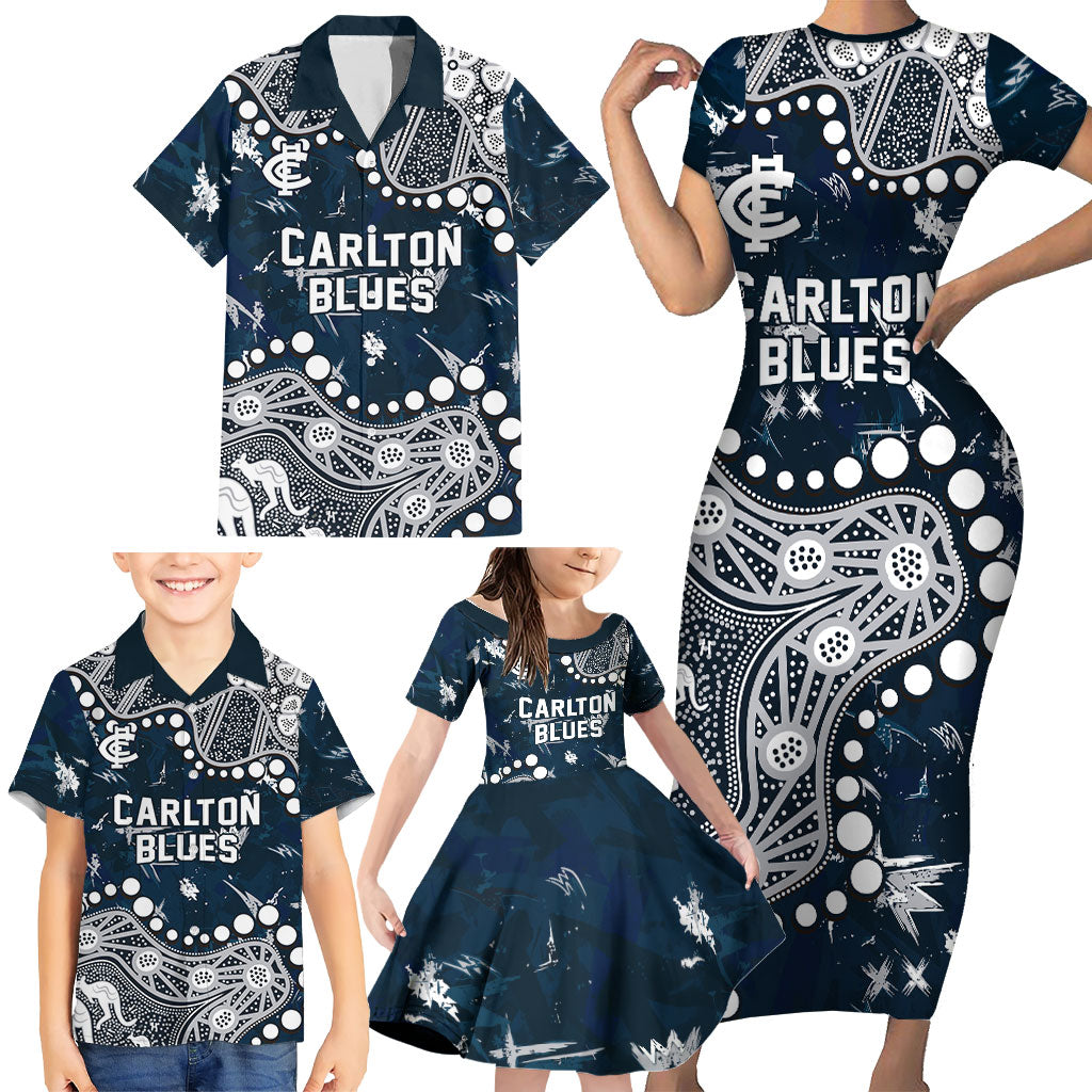 Personalized Carlton Blues Family Matching Short Sleeve Bodycon Dress and Hawaiian Shirt Aboriginal Pattern with Graffiti Style